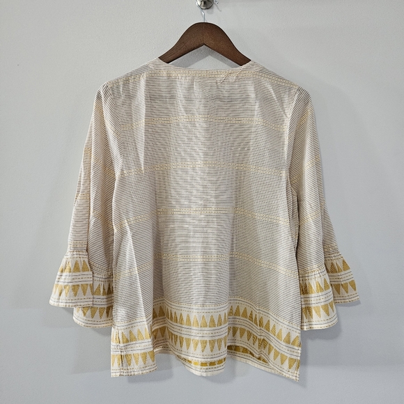 J.JILL Organic Cotton Yellow Peasant Striped Aztec Bell Sleeve Pullover Top MP - Picture 4 of 8
